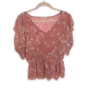 Entro pink white flower detail ruffled top‎ elastic waist 3/4 sleeve size large